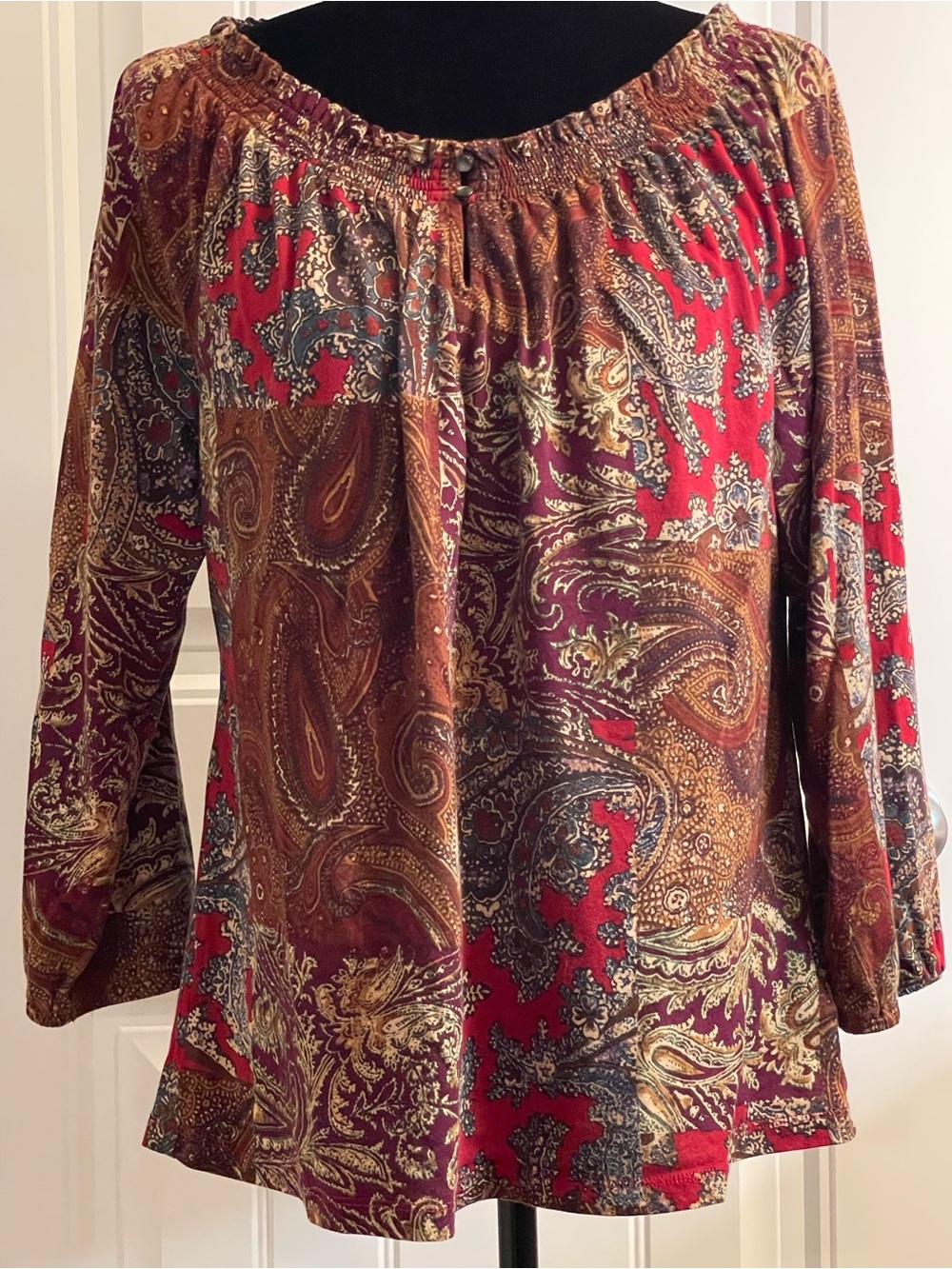 Chaps Red and Brown Paisley Peasant Top